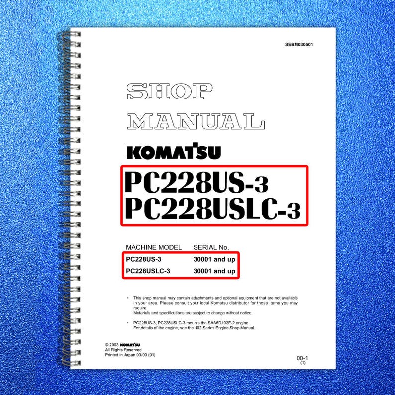 KOMATSU Pc228US-3 Pc228USLC-3 Sn 30001 Up Shop Manual, Bound, Covers, Foldouts afbeelding 1