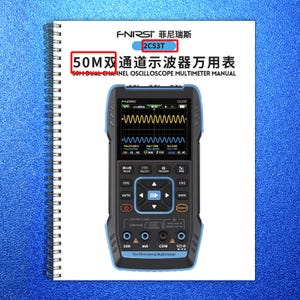 May include: A manual for a 50M dual-channel oscilloscope multimeter. The device is black and blue with a digital display showing waveforms. The manual is white with text in English and Chinese.