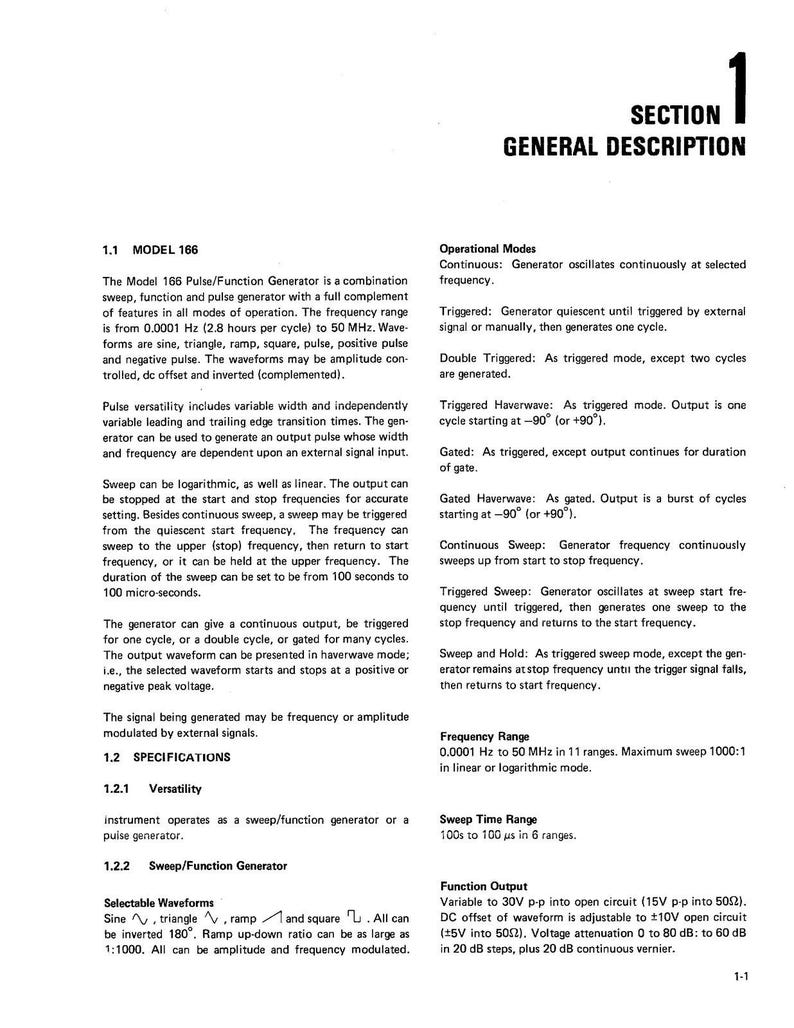 WAVETEK Model 166 Function Generator Instruction Manual - Bound,Covers, Foldouts image 5