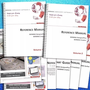 May include: A set of five manuals for Bernina embroidery software, including a reference manual, a start guide, a cross stitch manual, a quilter's manual, and a workbook. The manuals are white with black text and feature a floral design on the cover.