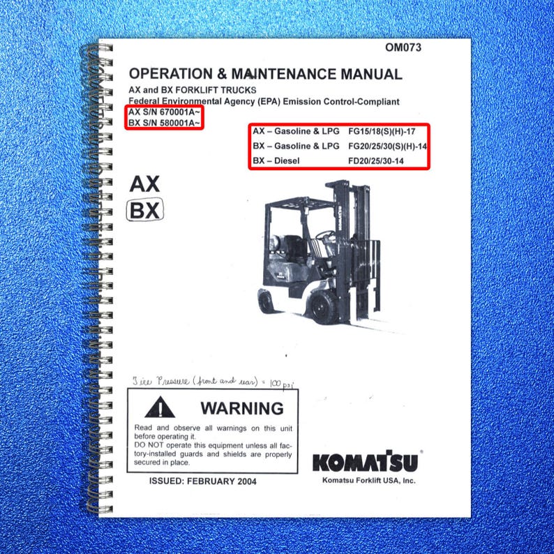 KOMATSU Fg20 Fg25 Fg30 More Forklift Operation Maintenance Manual - Bound image 1