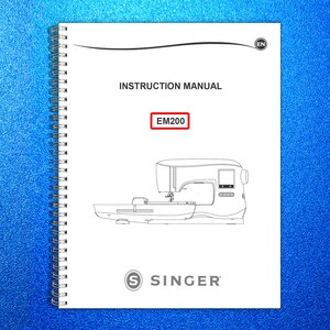 May include: White instruction manual with a spiral binding. The cover features the text "INSTRUCTION MANUAL" and the model number "EM200" in a red box. A line drawing of a sewing machine is below the text. The Singer logo is at the bottom.