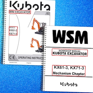 May include: Two spiral-bound manuals with the Kubota logo and text. One manual is labeled "MINI EXCAVATOR" and "OPERATING INSTRUCTIONS." The other is a "WORKSHOP MANUAL" for the "KUBOTA EXCAVATOR." Both manuals feature images of orange and black mini excavators.