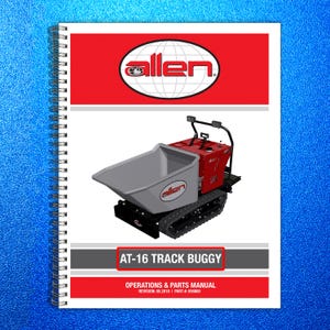 May include: A manual for the AT-16 Track Buggy. The cover features the "allen" logo above a red background. The manual shows a red and gray track buggy with the text "AT-16 TRACK BUGGY" and "OPERATIONS & PARTS MANUAL".