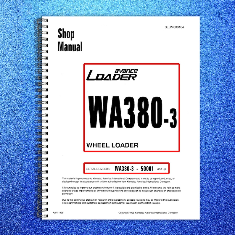 KOMATSU Avance Loader Wa380-3 Sn 50001 Up Shop Manual, Bound, Covers, Foldouts image 1