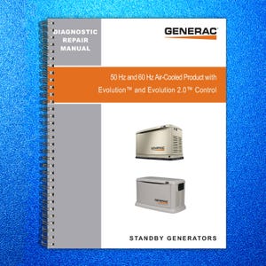 May include: A diagnostic repair manual for standby generators. The cover is white with the Generac logo and product information. The manual includes images of the generators and text that reads "50 Hz and 60 Hz Air-Cooled Product with Evolution and Evolution 2.0 Control."