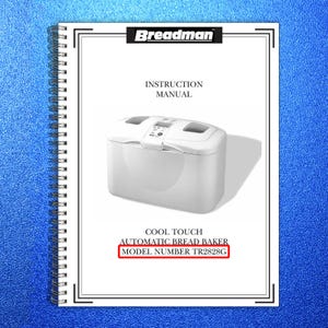 May include: A white Breadman automatic bread maker, model TR2828G, is featured in an instruction manual. The manual is spiral-bound and has the Breadman logo at the top. The bread maker has a digital display and two openings on top.