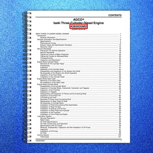 May include: A white spiral-bound manual titled "Iseki Three-Cylinder Diesel Engine" by AGCO. The cover includes the model number 4283035M2. The table of contents lists sections on engine components and service procedures.