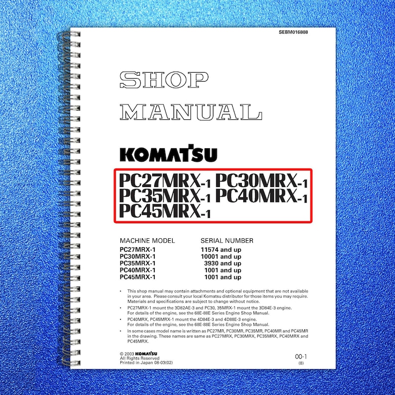 KOMATSU Pc27MRX-1 30 35 40 Pc45MRX-1 Shop Manual - Bound - Covers - Xl Foldouts image 1