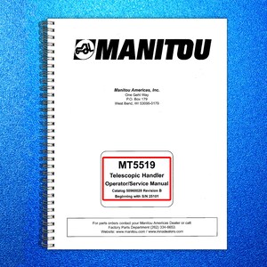 May include: A white spiral-bound manual with the black logo "MANITOU" at the top. The cover includes the text "MT5519 Telescopic Handler Operator/Service Manual". The manual is on a blue background.
