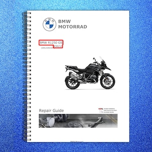 May include: A spiral-bound repair guide for a BMW R1250 GS K50/12 motorcycle. The cover features the BMW logo, the motorcycle model, and a detailed image of the motorcycle. The words "Repair Guide" are printed at the bottom.