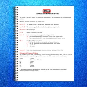 May include: A spiral-bound notebook with the title "BF300 Instructions for Parts Books" in a red box. The pages contain text explaining part numbers, descriptions, and country codes. The notebook is on a blue surface.
