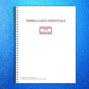 May include: A white spiral-bound book with the title "EMBRILLIANCE ESSENTIALS." The text "USER GUIDE FOR WINDOWS" is in a red-bordered box. The background is a textured blue surface. Copyright information is at the bottom.