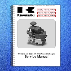 May include: A service manual for a Kawasaki 4-Stroke Air-Cooled V-Twin Gasoline Engine. The cover features the Kawasaki logo, engine model numbers, and an image of the engine. The manual is spiral-bound.