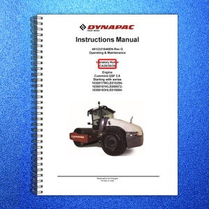 May include: A spiral-bound instruction manual for a Dynapac vibratory roller. The cover features the Dynapac logo and the text "Instructions Manual." The manual's model is CA25/30/35. A picture of the roller is on the bottom of the page.