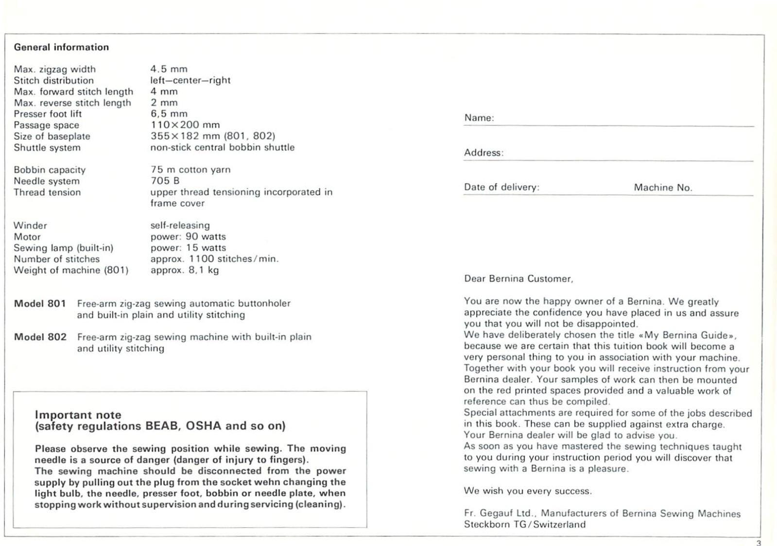 BERNINA 801 802 811 812 Sewing Machine Instruction Manual Closure ...