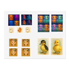 Hoja de pegatinas de animales de granja: adorables patos, vacas, pollos y cabras en vibrantes estilos cottagecore y de dibujos animados.