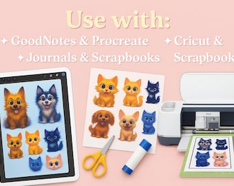 Imágenes PNG de gatos y cachorros: pegatinas imprimibles, imágenes prediseñadas sin bordes para Cricut y GoodNotes, descarga digital kawaii