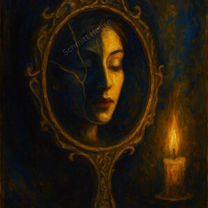 Può includere: Dipinto a olio di un volto femminile in uno specchio ornato e incrinato. Il volto è illuminato, con occhi chiusi e labbra rosse. Una candela accesa a destra emana un bagliore caldo. Il testo "Schmitt House" è visibile.