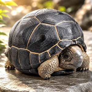 Puede incluir: Una figura de tortuga con un caparazón negro texturizado en forma de cúpula, con escudos geométricos definidos y bordes de color tostado claro. La cabeza y las patas son de un tono beige terroso con una textura de piel granulada.