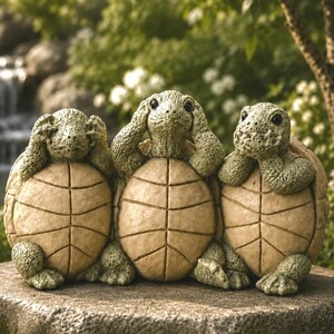 May include: A decorative garden sculpture featuring three turtles sitting side by side. The left turtle covers its eyes, the middle turtle covers its ears, and the right turtle covers its mouth. Each turtle has a textured green head and a tan shell.