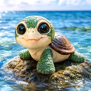 May include: A small turtle figurine with a textured green head and limbs, large black eyes, and a brown shell. The turtle is positioned on a dark, mossy rock surrounded by clear blue ocean water with visible ripples and sunlight reflections.
