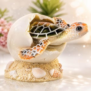 Op de afbeelding: Een decoratief beeldje van een zeeschildpad die uit een glad, gebroken wit ei komt. De schildpad heeft een gedetailleerd schild met tinten groen, bruin en oranje. Het ei rust op een gestructureerde basis die op zand lijkt, geaccentueerd met kleine schelpjes.