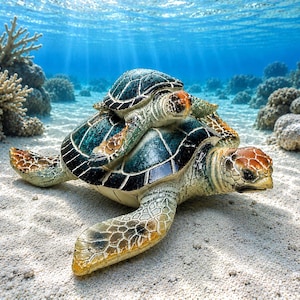 May include: A decorative figurine of a large sea turtle with a smaller sea turtle resting on its shell. Both turtles feature textured, dark teal and black patterned shells with light tan, scaly skin and orange-brown heads on a sandy seabed.