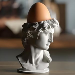 Könnte beinhalten: Eine weiße Büste einer klassischen Figur mit einem hellbraunen Ei anstelle des Kopfes. Die Büste ist eine Skulptur eines Männerkopfes und -schultern. Das Ei hat eine helle braune Farbe.