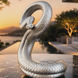 Könnte beinhalten: Eine metallisch silberne Skulptur einer zusammengerollten Schlange mit einem hochdetaillierten, texturierten Schuppenmuster. Die Schlange ist in einer aufrechten S-Form dargestellt, wobei der Kopf nach vorne gerichtet ist und realistische Gesichtszüge zeigt.
