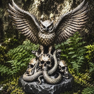 Pode incluir: Uma escultura em tom de bronze de uma coruja com as asas abertas, pousada sobre um grupo de três crânios humanos entrelaçados com uma cobra enrolada. A figura repousa sobre uma base circular escura e texturizada com detalhes de penas.