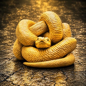 May include: A coiled golden snake with highly detailed, textured scales. The serpent is positioned in a tight, circular knot, with its head resting centrally in the middle of the coils. The surface of the snake has a metallic, reflective finish.