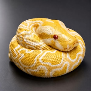 Può includere: Una statuetta di pitone albino arrotolato caratterizzata da un motivo a scaglie giallo brillante e bianco con dettagli della pelle strutturati. Il serpente ha due occhi rosso scuro prominenti ed è in una posa circolare stretta.