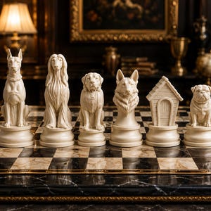 Könnte beinhalten: Ein Set aus sechs cremefarbenen Schachfiguren mit detaillierten Hunderassen wie Dobermann, Afghanischer Windhund, Labrador, Deutscher Schäferhund und Mops sowie einer kleinen Hundehütte auf einem schwarz-weißen Marmorschachbrett.