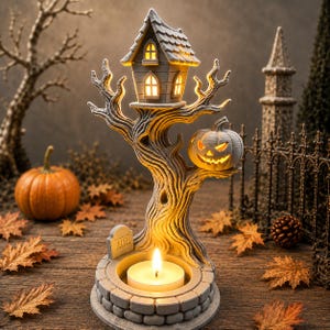 Może przedstawiać: Szary świecznik na Halloween z żywicy, przedstawiający sękaty pień drzewa z małym domkiem na szczycie, wyrzeźbioną dynią na gałęzi oraz nagrobkiem z literami AIL, mieszczący pojedynczą zapaloną świeczkę typu tealight w swojej podstawie.