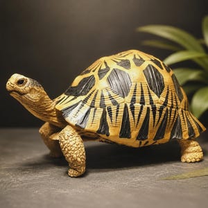 May include: A decorative tortoise figurine featuring a high-domed shell with a distinct geometric pattern of black triangular markings against a tan background. The head and legs are textured with a light brown, pebbled skin appearance.
