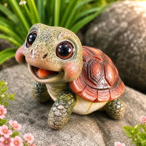 May include: A small turtle figurine with a textured green head, large dark eyes, and a reddish-brown shell. The turtle has a wide, open mouth showing a small orange tongue, and its body features detailed scale patterns on the legs and face.