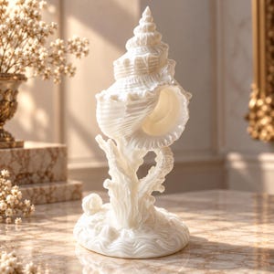 Puede incluir: Una escultura de cerámica blanca que presenta una concha espiral detallada sobre una base diseñada para parecer agua que fluye o formaciones de coral. La pieza tiene un acabado suave y brillante con texturas intrincadas en la concha y la base.