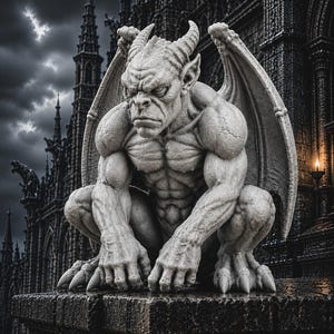 Peut inclure: Une statue de gargouille couleur pierre représentant une figure humanoïde musclée et accroupie avec de grandes ailes, des cornes et des griffes acérées. La créature a une expression faciale sévère et est perchée sur un rebord en pierre texturé.