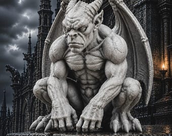 May include: A stone-colored gargoyle statue featuring a muscular, crouching humanoid figure with large wings, horns, and sharp claws. The creature has a stern facial expression and is perched on a textured stone ledge against a dark, gothic architectural background.