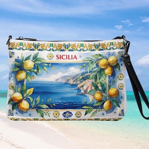 Bolso Bandolera Sicilia Limones Estampado Mayólica, Clutch de Verano Mujer Costa Amalfitana Style, Cartera de Mano "SICILIA" para Mujer