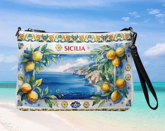 Umhängetasche Sicilia Zitrone Umhängetasche, Clutch mit Majolika-Print, Sommertasche SICILIA, Umhängetasche SICILIA