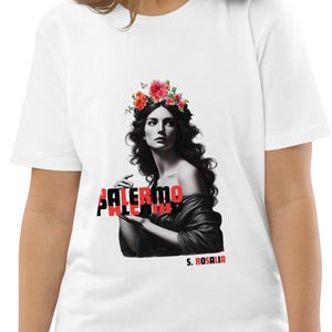 Modern Santa Rosalia T-Shirt, Sicilian Deity Tee, Palermo Streetwear Fashion, Santa Rosalia Tee, Original Faith Gift, Spiritual Urban Wear