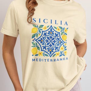 Sicily&#39;s  T Shirt | T Shirt Sicily Lemons & Blue Tile Design - Sicily Italy Shirt - Palermo Sicily Tshirt