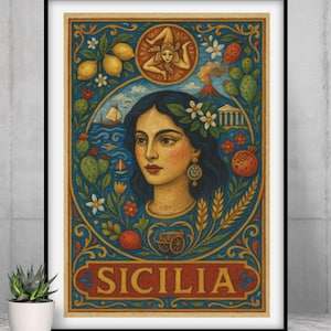 Poster Sicilia artistico | Illustrazione Mediterranea con Trinacria, Etna e simboli siciliani | Stampa da parete decorativa | Regalo Sicilia