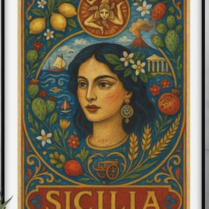 Sicily Digital Print – Sicilian Folk Art Wall Decor, Sicilian Woman Art, Vintage Italian Poster to Download