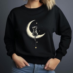 Cat on Moon Sweatshirt for Woman, Unique Cat & Stars Crewneck Pullover, Soft Black Cat Design Sweater with Stars, Cute Cat Moon Pullover