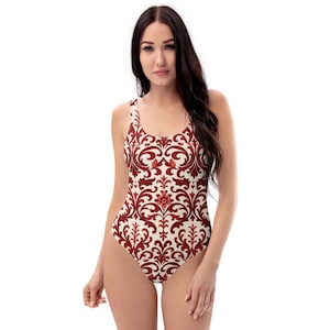 Elegant Bathing Suit Arabesque Motif - Classic Charm for Your Summer - Red One Piece Swimsuit - Red Swimsuit One Piece