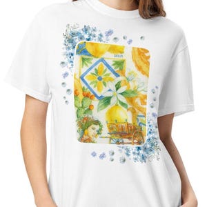 シチリアへのオマージュTシャツ、カートとウチワサボテンの水彩画デザイン、シチリアアートTシャツ、シチリアの民間伝承、フォークアート
