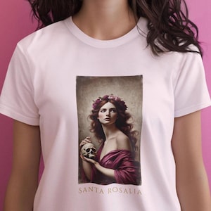 Saint Rosalia T-Shirt – 100% Organic Cotton Unisex Tee with Modern Design of Palermo’s Patron Saint, feast of Santa Rosalia, saint Rosalie